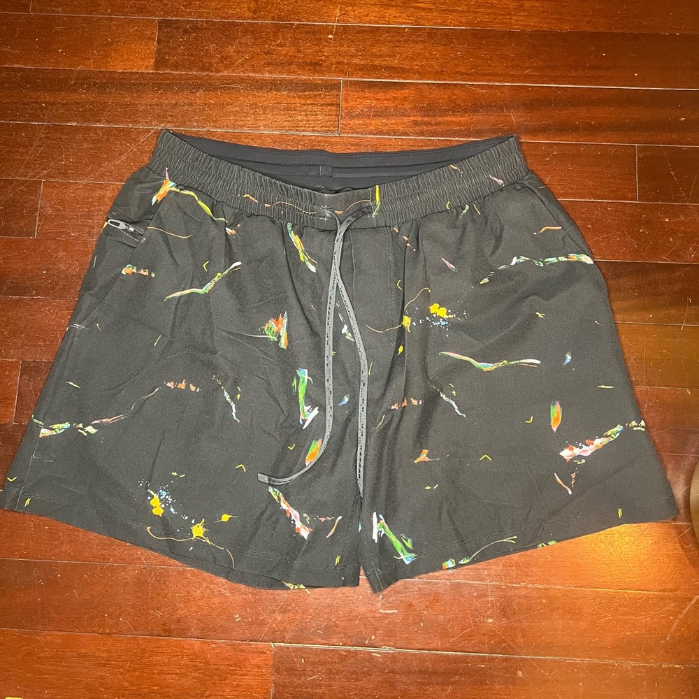 Lululemon Men's Swim Trunks 5" Inseam Black with colorful accents.